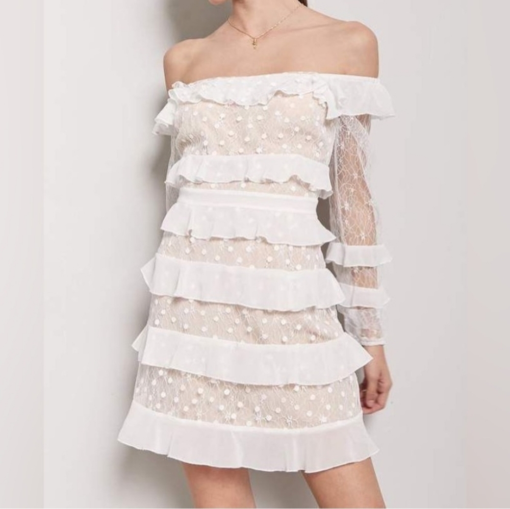 BRAND NEW FOREVER 21 LACE RUFFLE WHITE IVORY MINI DRESS SZ SMALL $33